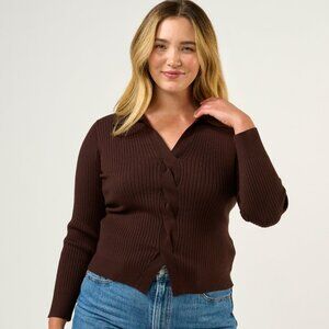 NWT Estelle Bronti Knit Brown Ribbed Twist Front Collar Sweater Top 16W